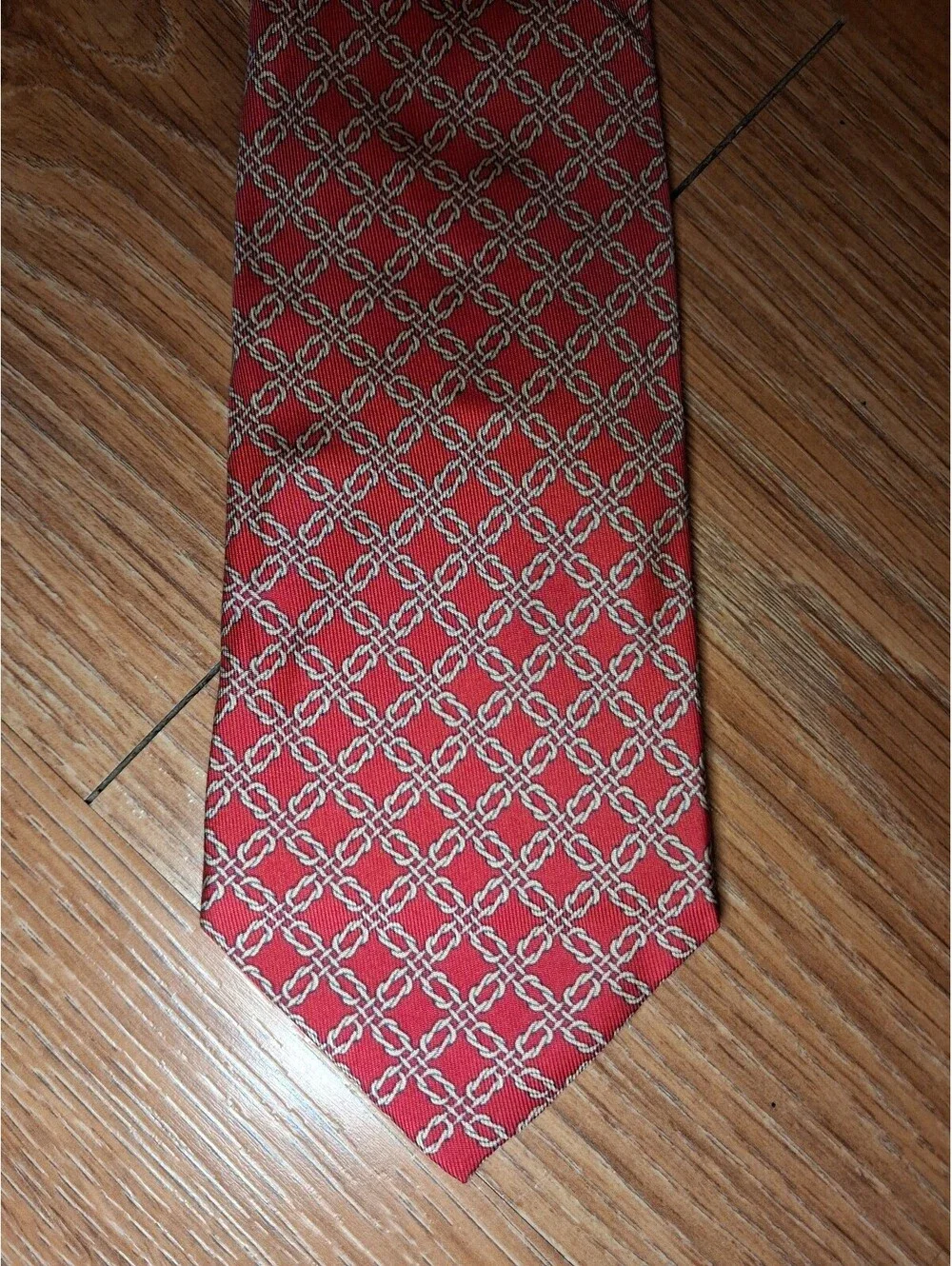 VINTAGE Hermes 100% Silk Tie Red Gold Chains Made In France